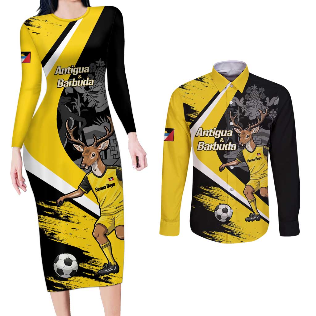 Custom Antigua and Barbuda Football Couples Matching Long Sleeve Bodycon Dress and Long Sleeve Button Shirt Go Benna Boys Sporty Deer Mascot