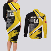 Custom Antigua and Barbuda Football Couples Matching Long Sleeve Bodycon Dress and Long Sleeve Button Shirt Go Benna Boys Sporty Deer Mascot