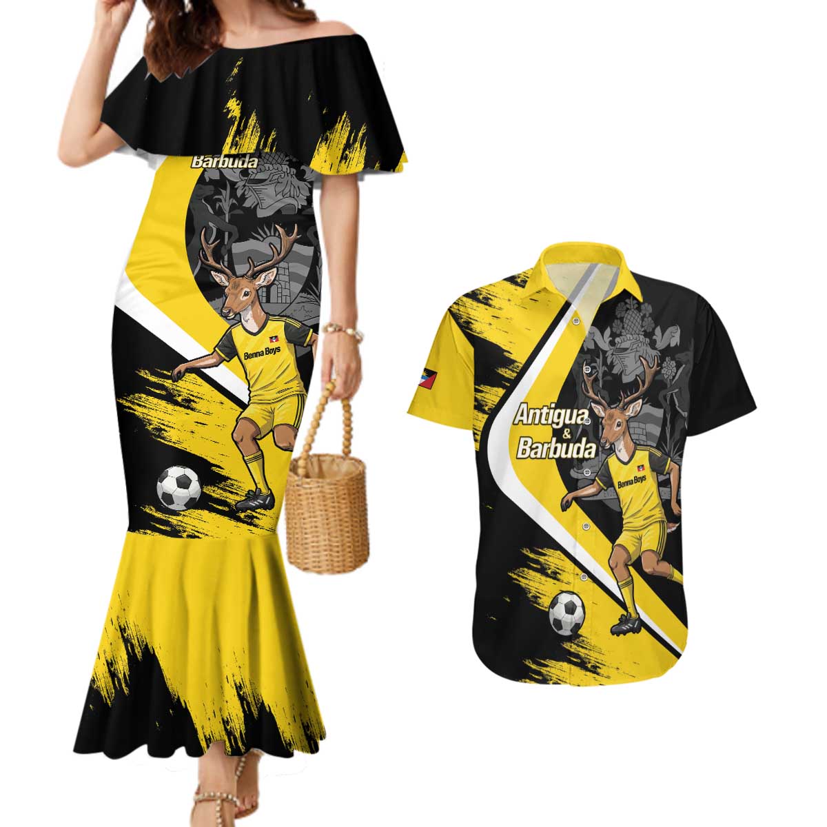 Custom Antigua and Barbuda Football Couples Matching Mermaid Dress and Hawaiian Shirt Go Benna Boys Sporty Deer Mascot