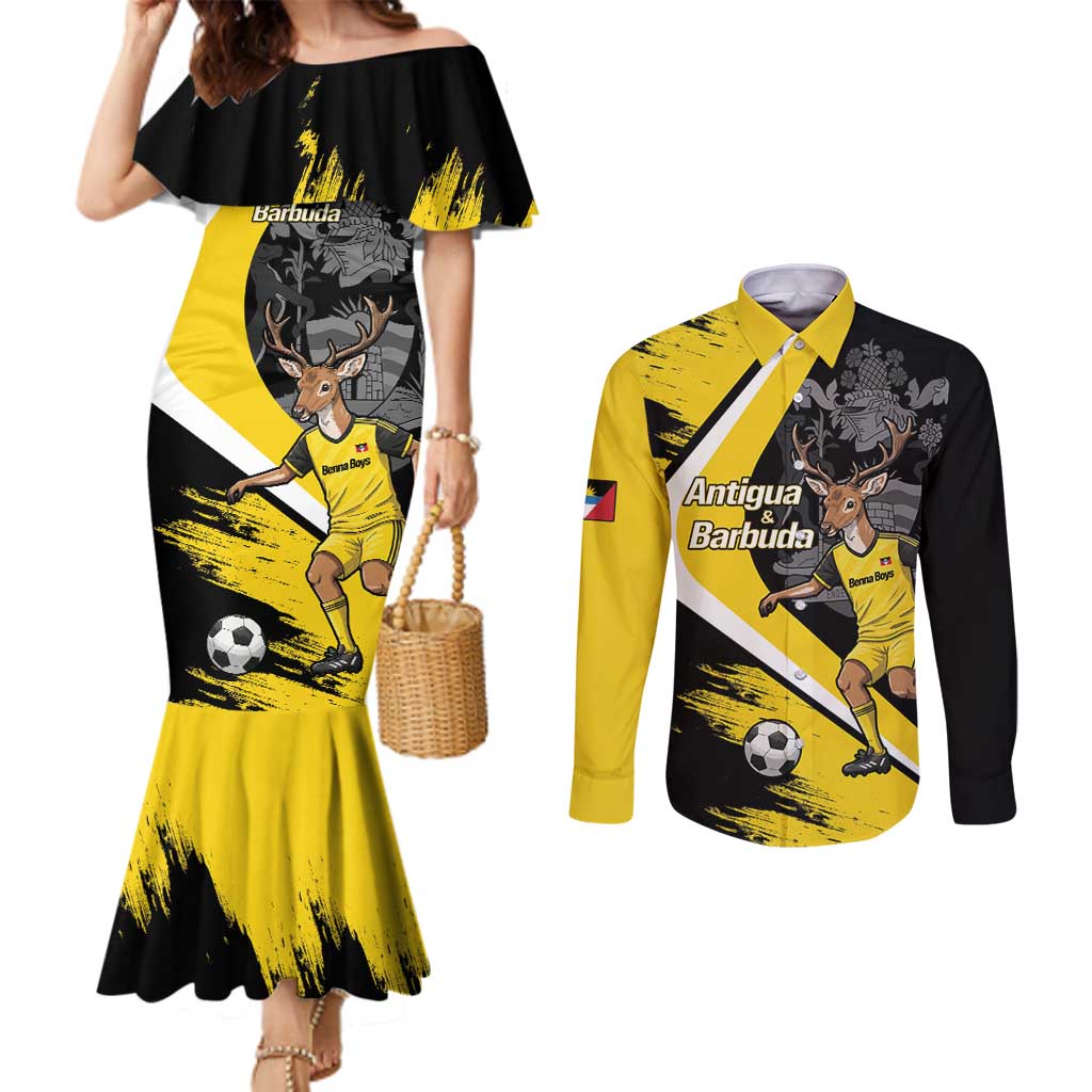 Custom Antigua and Barbuda Football Couples Matching Mermaid Dress and Long Sleeve Button Shirt Go Benna Boys Sporty Deer Mascot