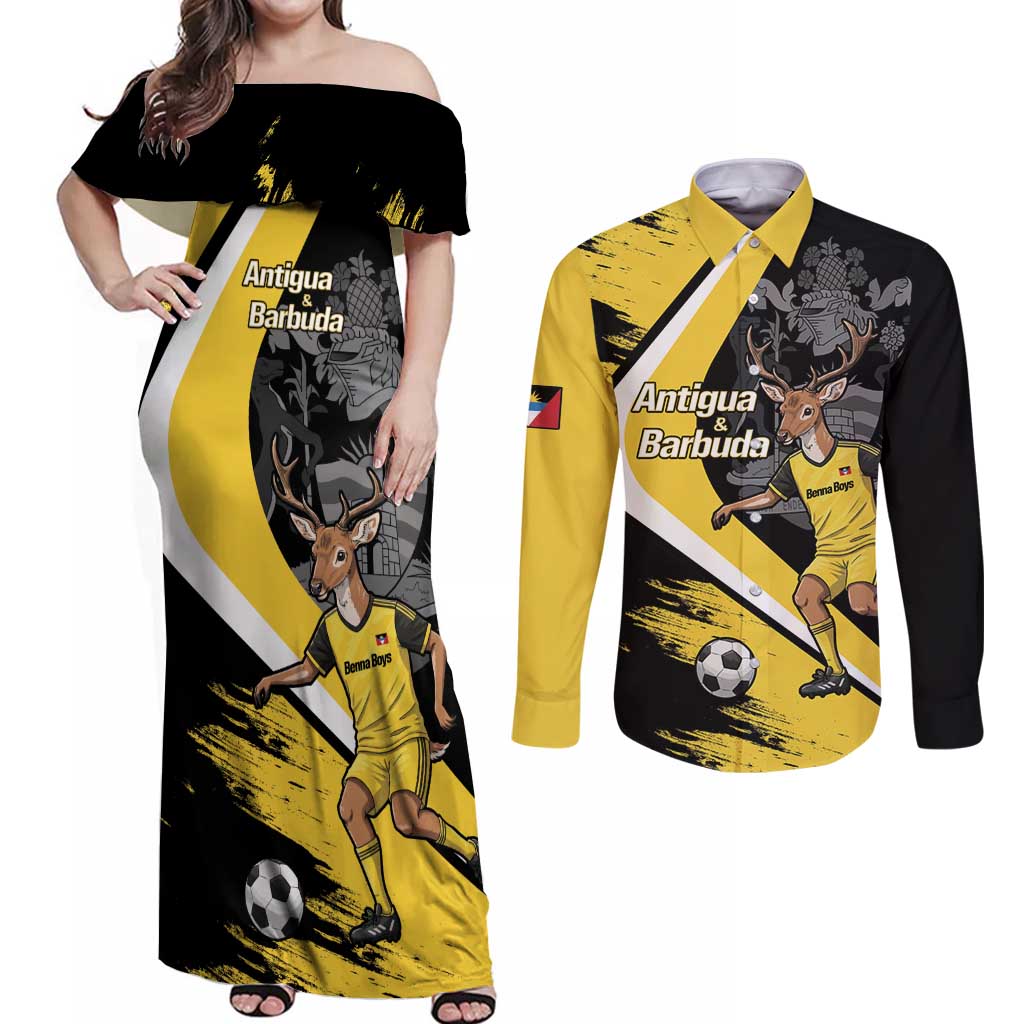 Custom Antigua and Barbuda Football Couples Matching Off Shoulder Maxi Dress and Long Sleeve Button Shirt Go Benna Boys Sporty Deer Mascot