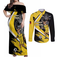 Custom Antigua and Barbuda Football Couples Matching Off Shoulder Maxi Dress and Long Sleeve Button Shirt Go Benna Boys Sporty Deer Mascot