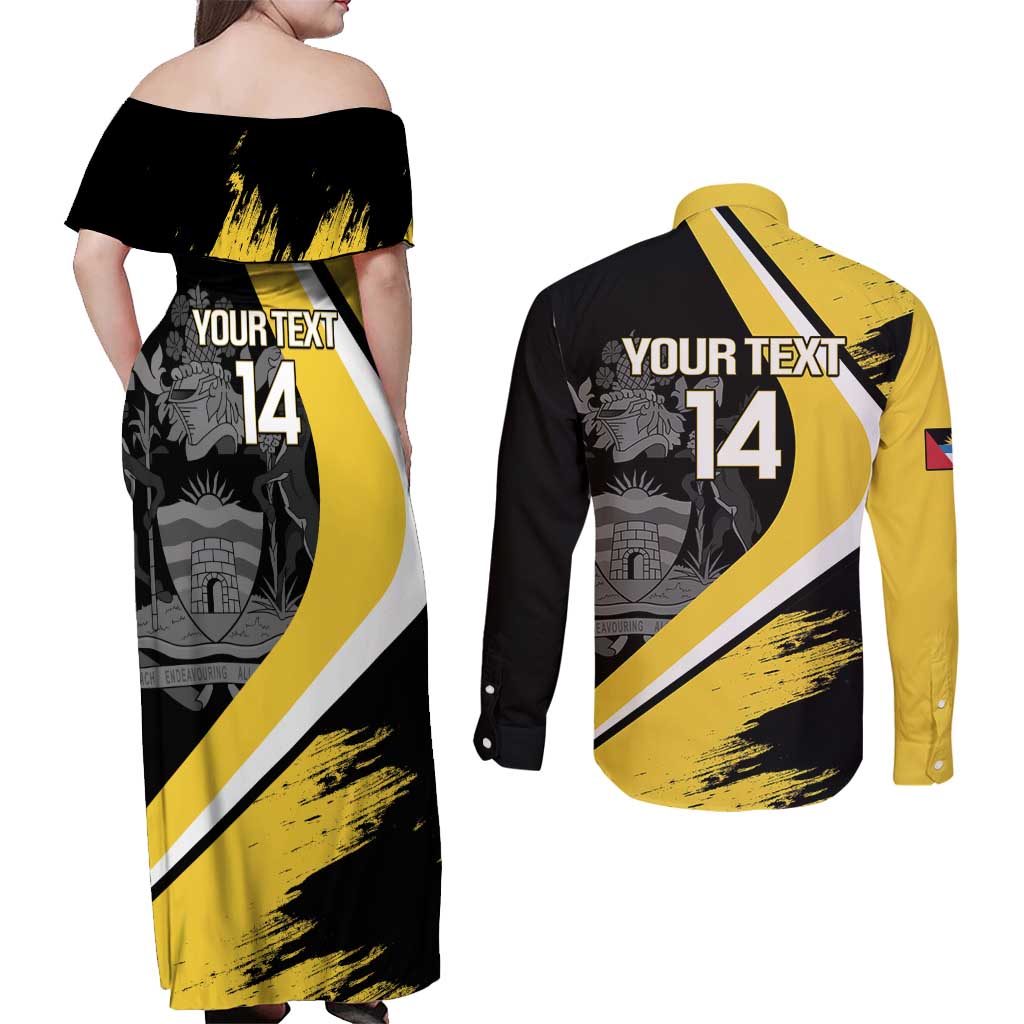 Custom Antigua and Barbuda Football Couples Matching Off Shoulder Maxi Dress and Long Sleeve Button Shirt Go Benna Boys Sporty Deer Mascot