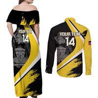 Custom Antigua and Barbuda Football Couples Matching Off Shoulder Maxi Dress and Long Sleeve Button Shirt Go Benna Boys Sporty Deer Mascot