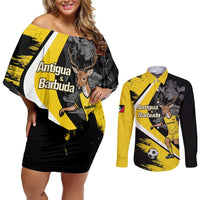 Custom Antigua and Barbuda Football Couples Matching Off Shoulder Short Dress and Long Sleeve Button Shirt Go Benna Boys Sporty Deer Mascot