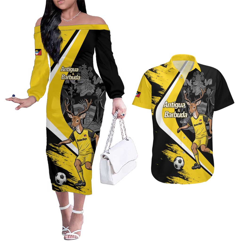 Custom Antigua and Barbuda Football Couples Matching Off The Shoulder Long Sleeve Dress and Hawaiian Shirt Go Benna Boys Sporty Deer Mascot