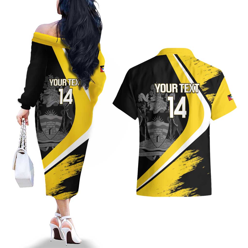 Custom Antigua and Barbuda Football Couples Matching Off The Shoulder Long Sleeve Dress and Hawaiian Shirt Go Benna Boys Sporty Deer Mascot