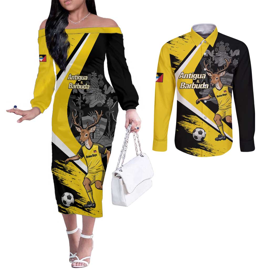 Custom Antigua and Barbuda Football Couples Matching Off The Shoulder Long Sleeve Dress and Long Sleeve Button Shirt Go Benna Boys Sporty Deer Mascot
