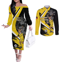 Custom Antigua and Barbuda Football Couples Matching Off The Shoulder Long Sleeve Dress and Long Sleeve Button Shirt Go Benna Boys Sporty Deer Mascot