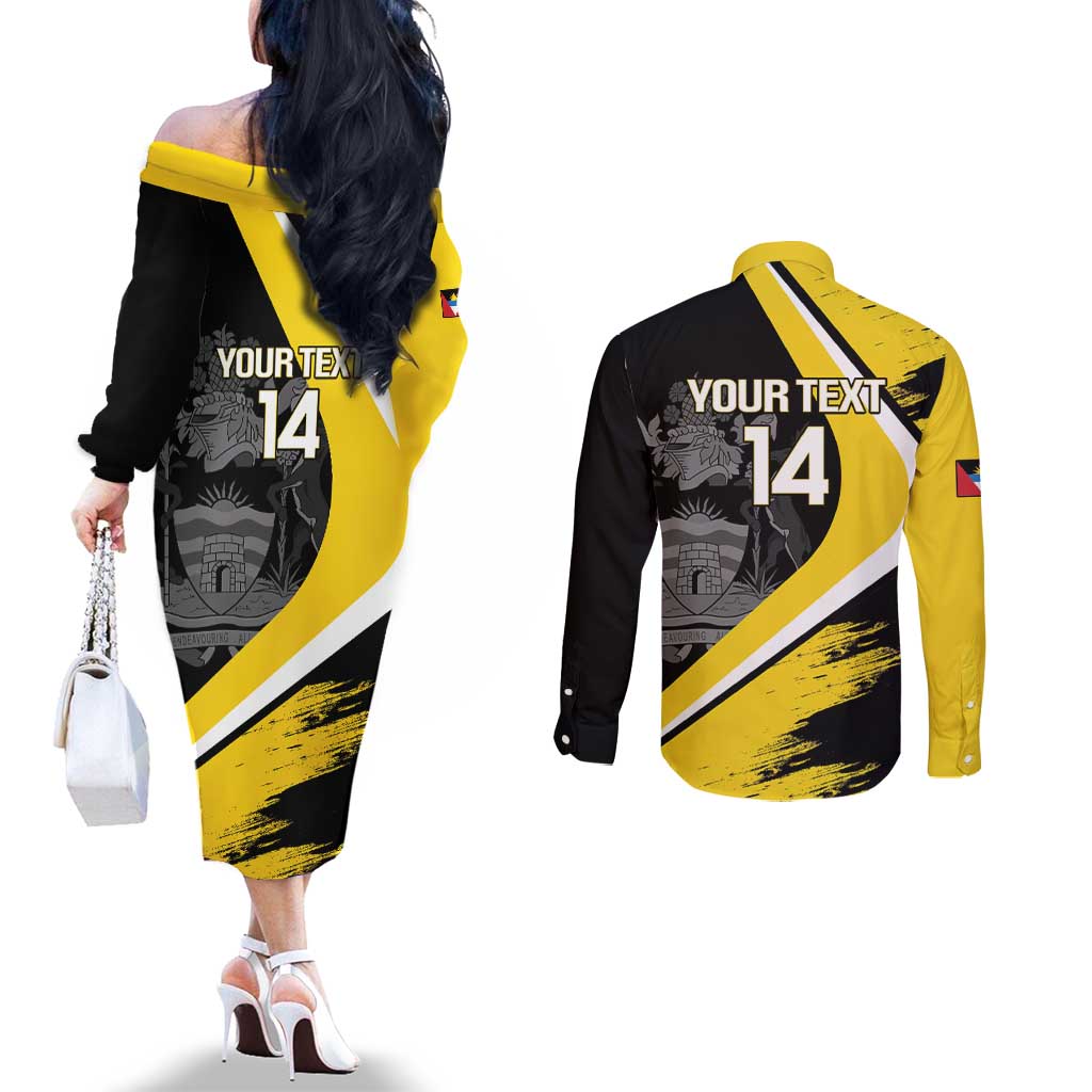 Custom Antigua and Barbuda Football Couples Matching Off The Shoulder Long Sleeve Dress and Long Sleeve Button Shirt Go Benna Boys Sporty Deer Mascot