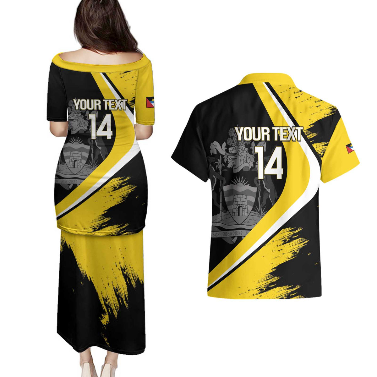 Custom Antigua and Barbuda Football Couples Matching Puletasi and Hawaiian Shirt Go Benna Boys Sporty Deer Mascot