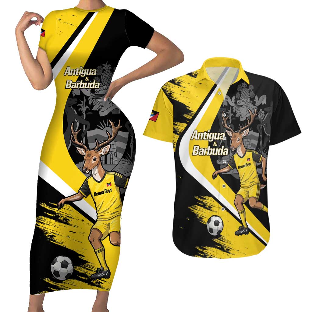 Custom Antigua and Barbuda Football Couples Matching Short Sleeve Bodycon Dress and Hawaiian Shirt Go Benna Boys Sporty Deer Mascot