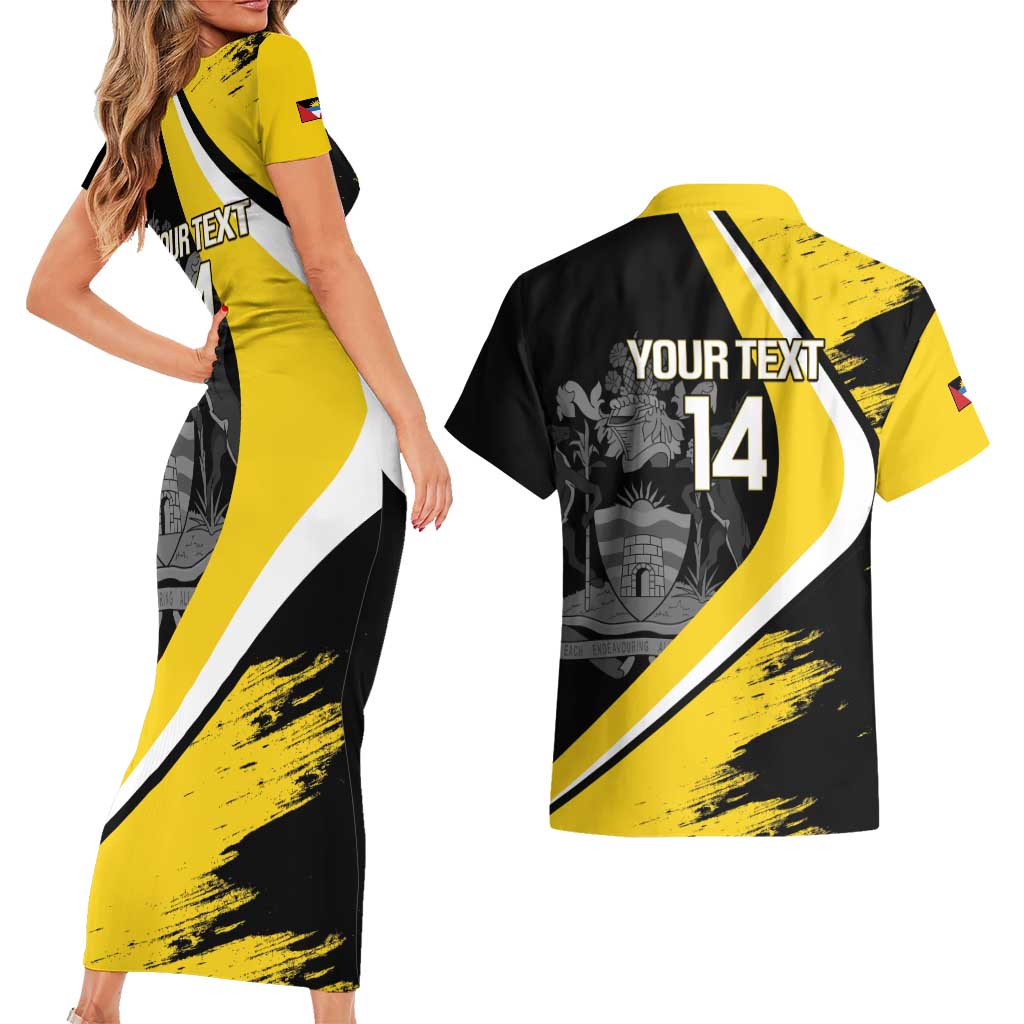 Custom Antigua and Barbuda Football Couples Matching Short Sleeve Bodycon Dress and Hawaiian Shirt Go Benna Boys Sporty Deer Mascot