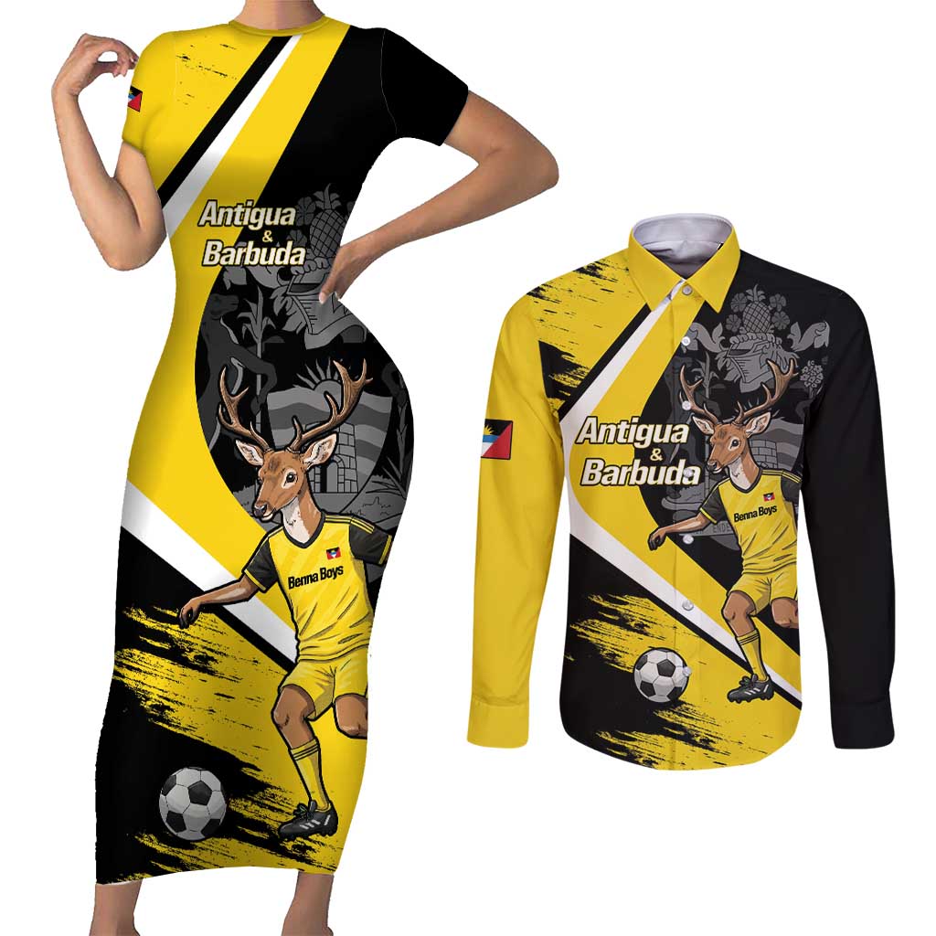 Custom Antigua and Barbuda Football Couples Matching Short Sleeve Bodycon Dress and Long Sleeve Button Shirt Go Benna Boys Sporty Deer Mascot