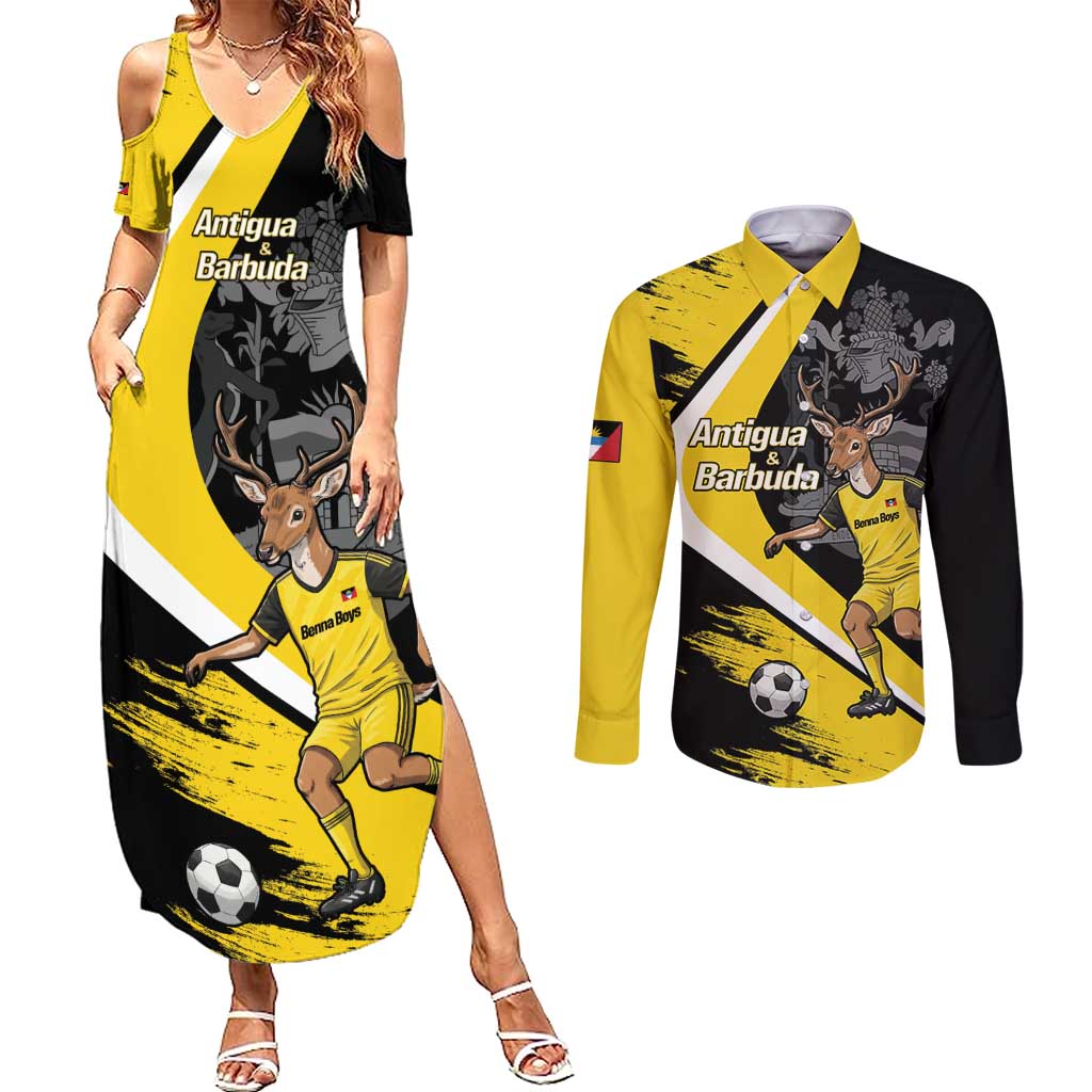 Custom Antigua and Barbuda Football Couples Matching Summer Maxi Dress and Long Sleeve Button Shirt Go Benna Boys Sporty Deer Mascot