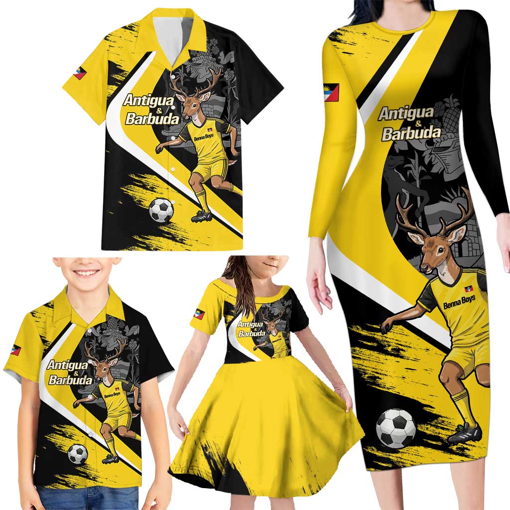 Custom Antigua and Barbuda Football Family Matching Long Sleeve Bodycon Dress and Hawaiian Shirt Go Benna Boys Sporty Deer Mascot