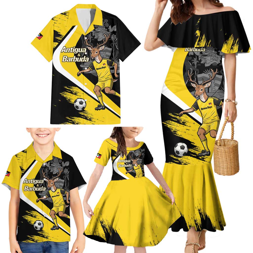 Custom Antigua and Barbuda Football Family Matching Mermaid Dress and Hawaiian Shirt Go Benna Boys Sporty Deer Mascot