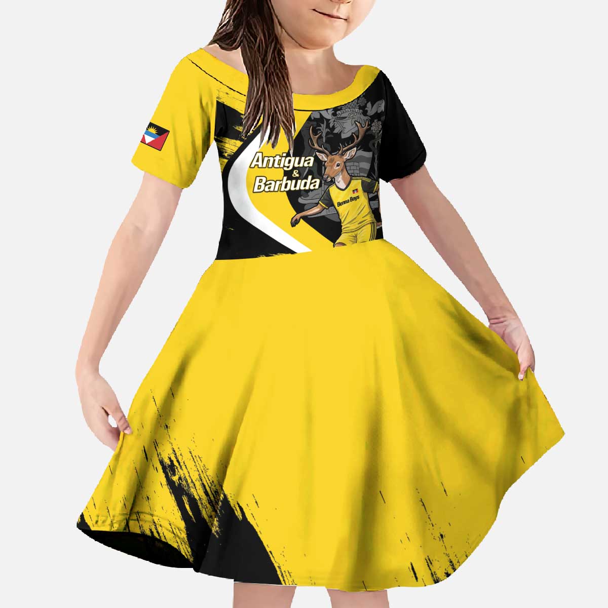 Custom Antigua and Barbuda Football Family Matching Off The Shoulder Long Sleeve Dress and Hawaiian Shirt Go Benna Boys Sporty Deer Mascot