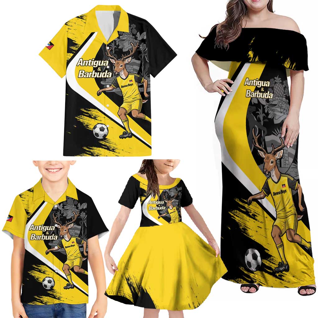 Custom Antigua and Barbuda Football Family Matching Off Shoulder Maxi Dress and Hawaiian Shirt Go Benna Boys Sporty Deer Mascot