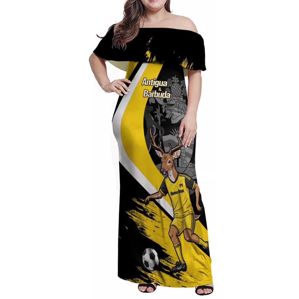 Custom Antigua and Barbuda Football Family Matching Off Shoulder Maxi Dress and Hawaiian Shirt Go Benna Boys Sporty Deer Mascot