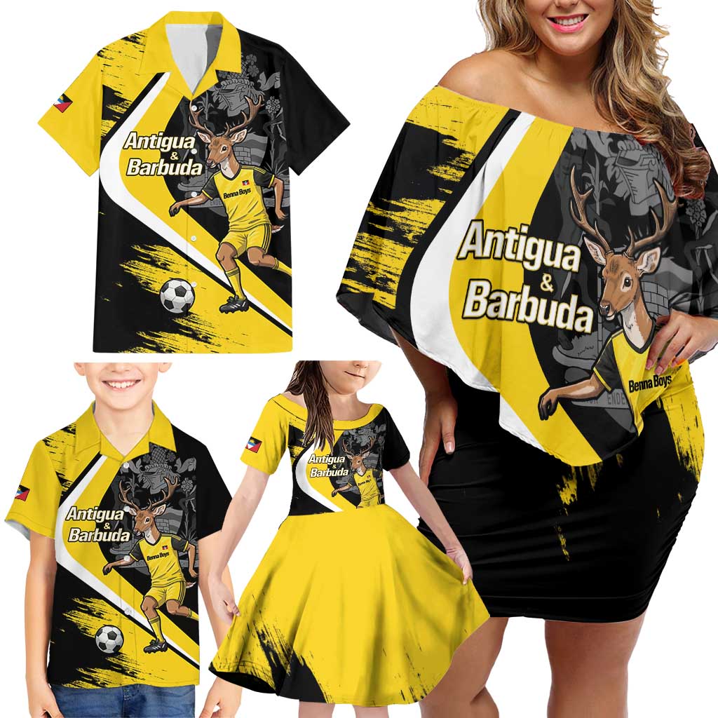 Custom Antigua and Barbuda Football Family Matching Off Shoulder Short Dress and Hawaiian Shirt Go Benna Boys Sporty Deer Mascot