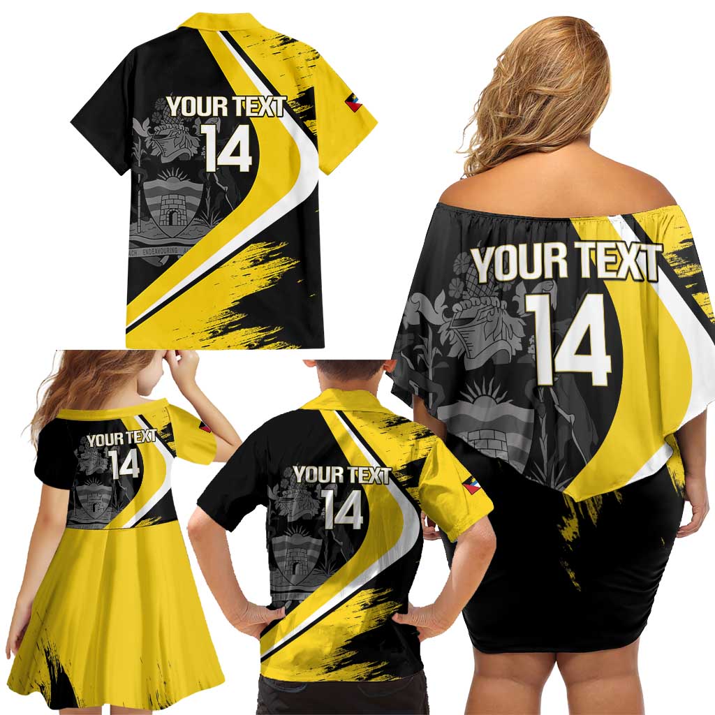 Custom Antigua and Barbuda Football Family Matching Off Shoulder Short Dress and Hawaiian Shirt Go Benna Boys Sporty Deer Mascot