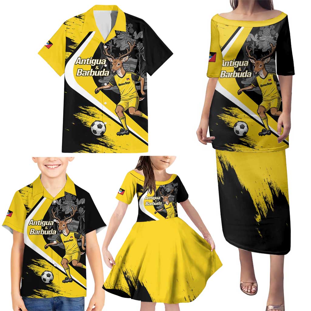 Custom Antigua and Barbuda Football Family Matching Puletasi and Hawaiian Shirt Go Benna Boys Sporty Deer Mascot