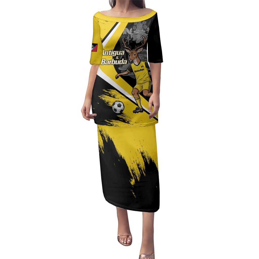 Custom Antigua and Barbuda Football Family Matching Puletasi and Hawaiian Shirt Go Benna Boys Sporty Deer Mascot