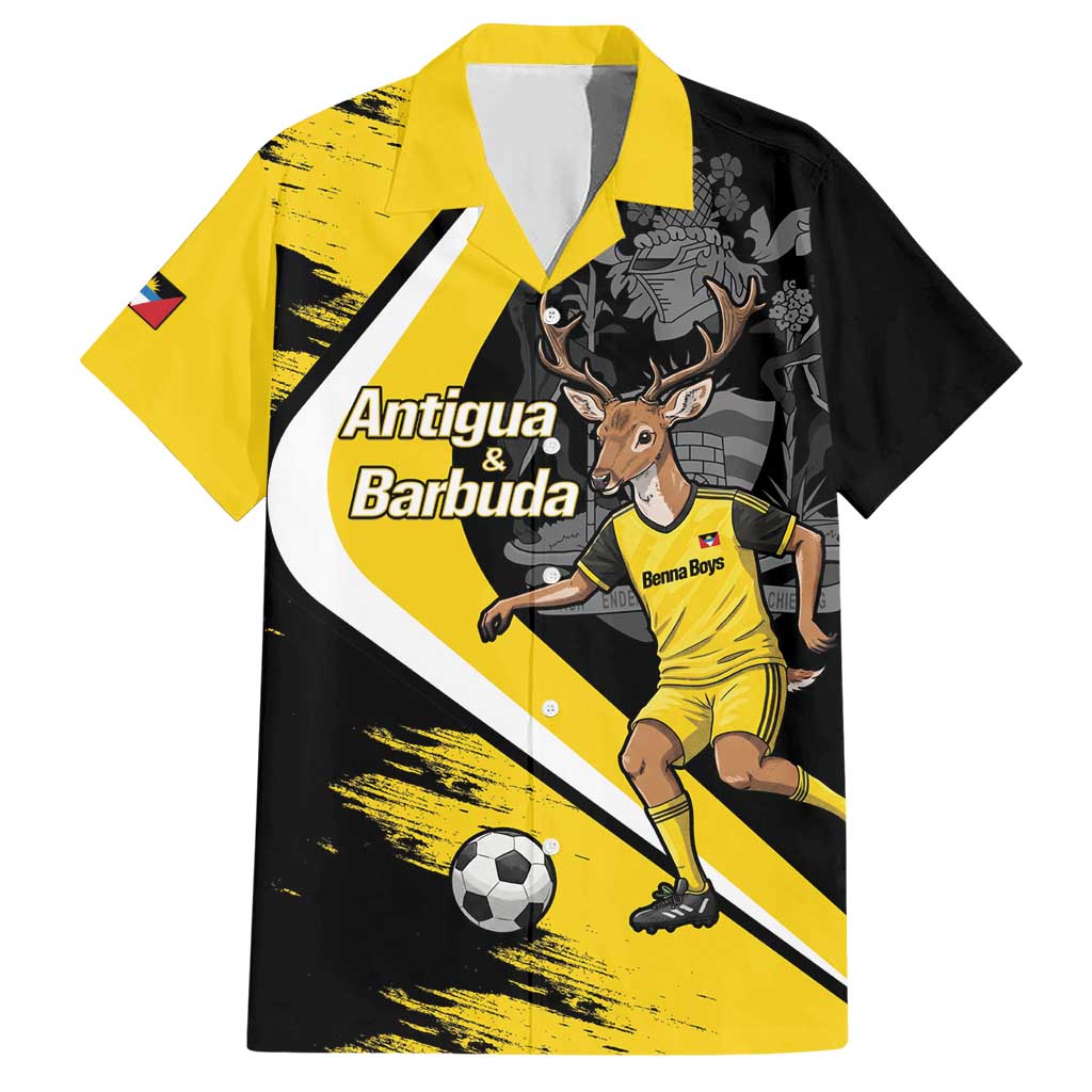 Custom Antigua and Barbuda Football Family Matching Short Sleeve Bodycon Dress and Hawaiian Shirt Go Benna Boys Sporty Deer Mascot