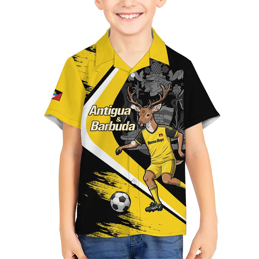 Custom Antigua and Barbuda Football Kid Hawaiian Shirt Go Benna Boys Sporty Deer Mascot