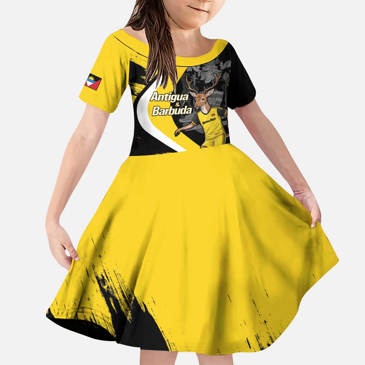 Custom Antigua and Barbuda Football Kid Short Sleeve Dress Go Benna Boys Sporty Deer Mascot