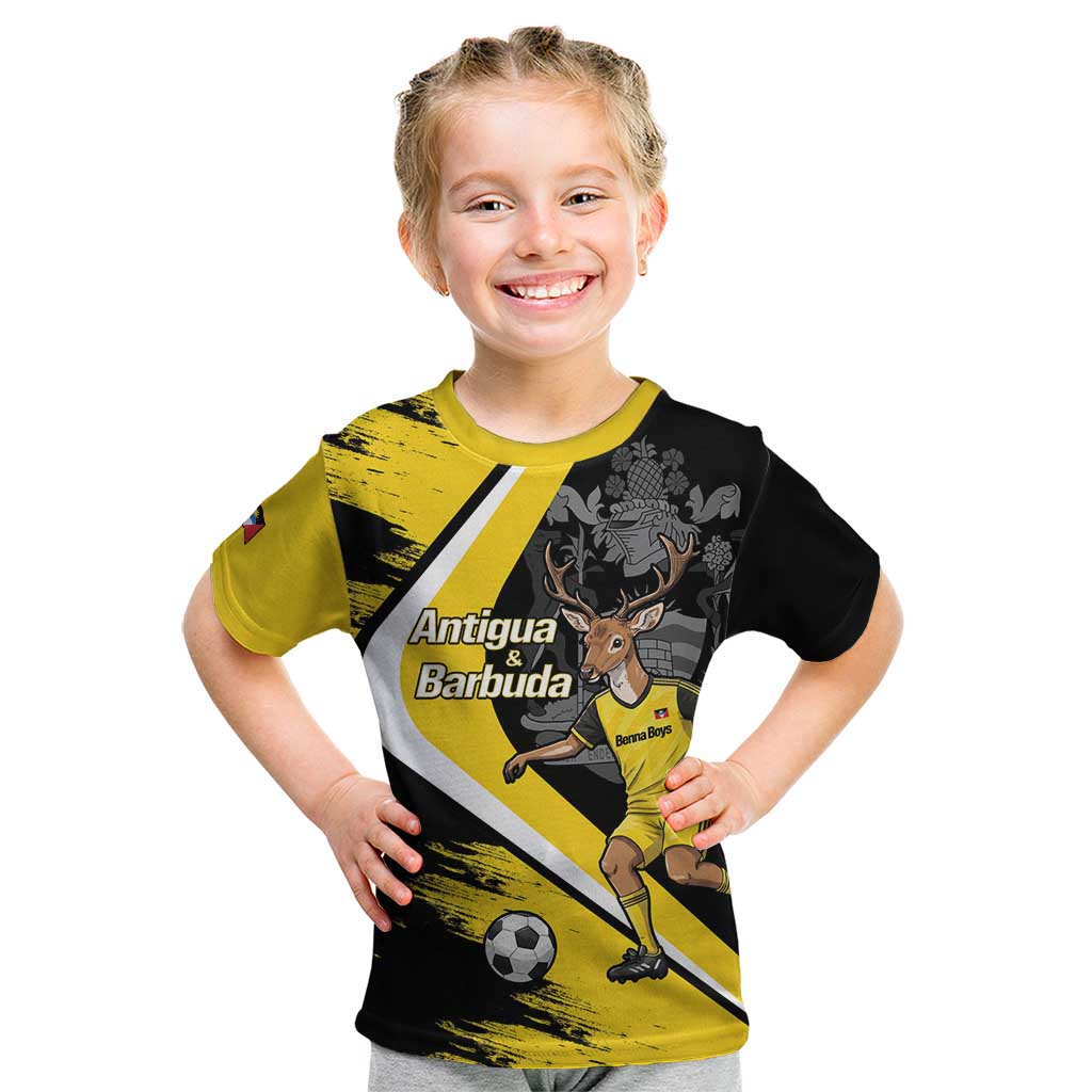Custom Antigua and Barbuda Football Kid T Shirt Go Benna Boys Sporty Deer Mascot