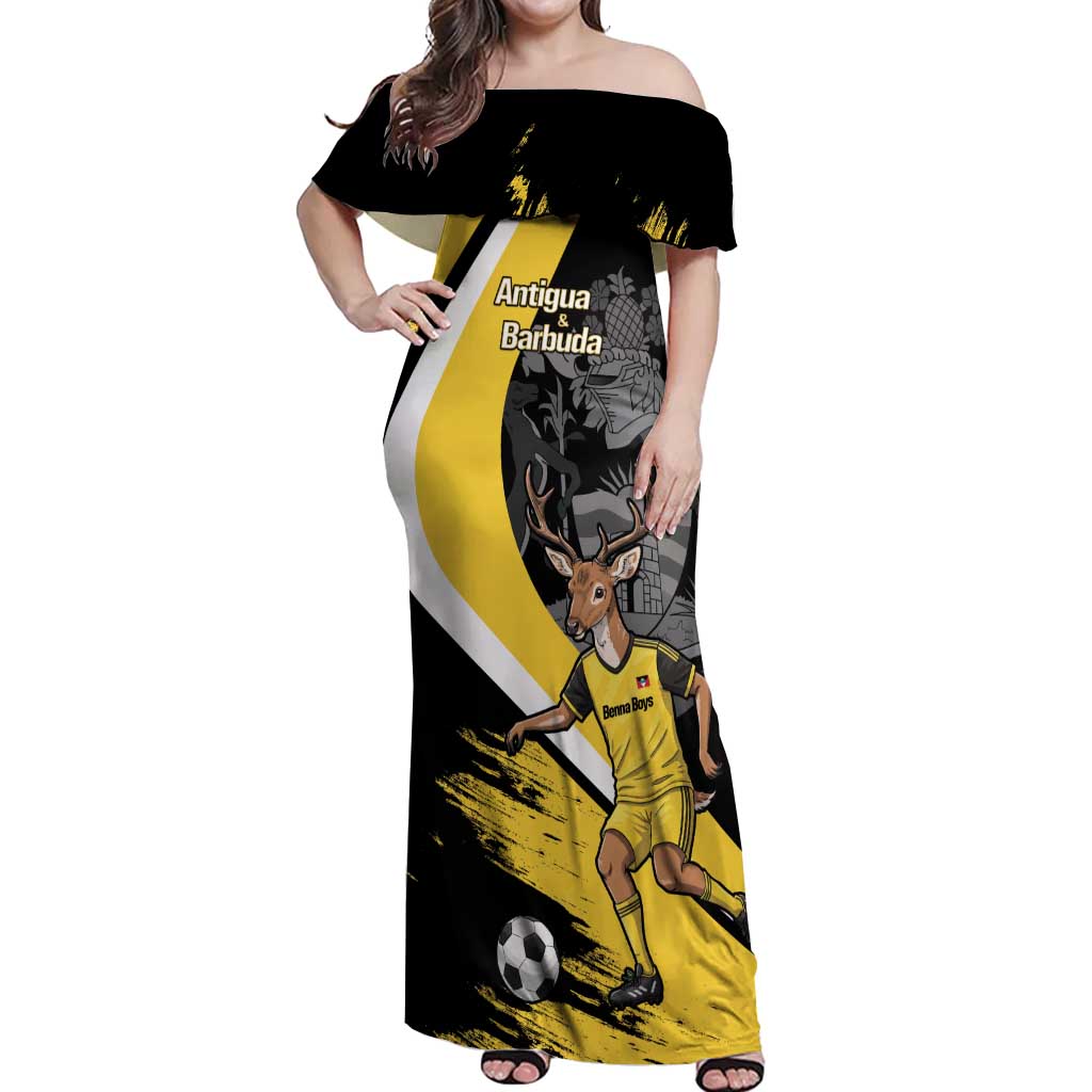 Custom Antigua and Barbuda Football Off Shoulder Maxi Dress Go Benna Boys Sporty Deer Mascot