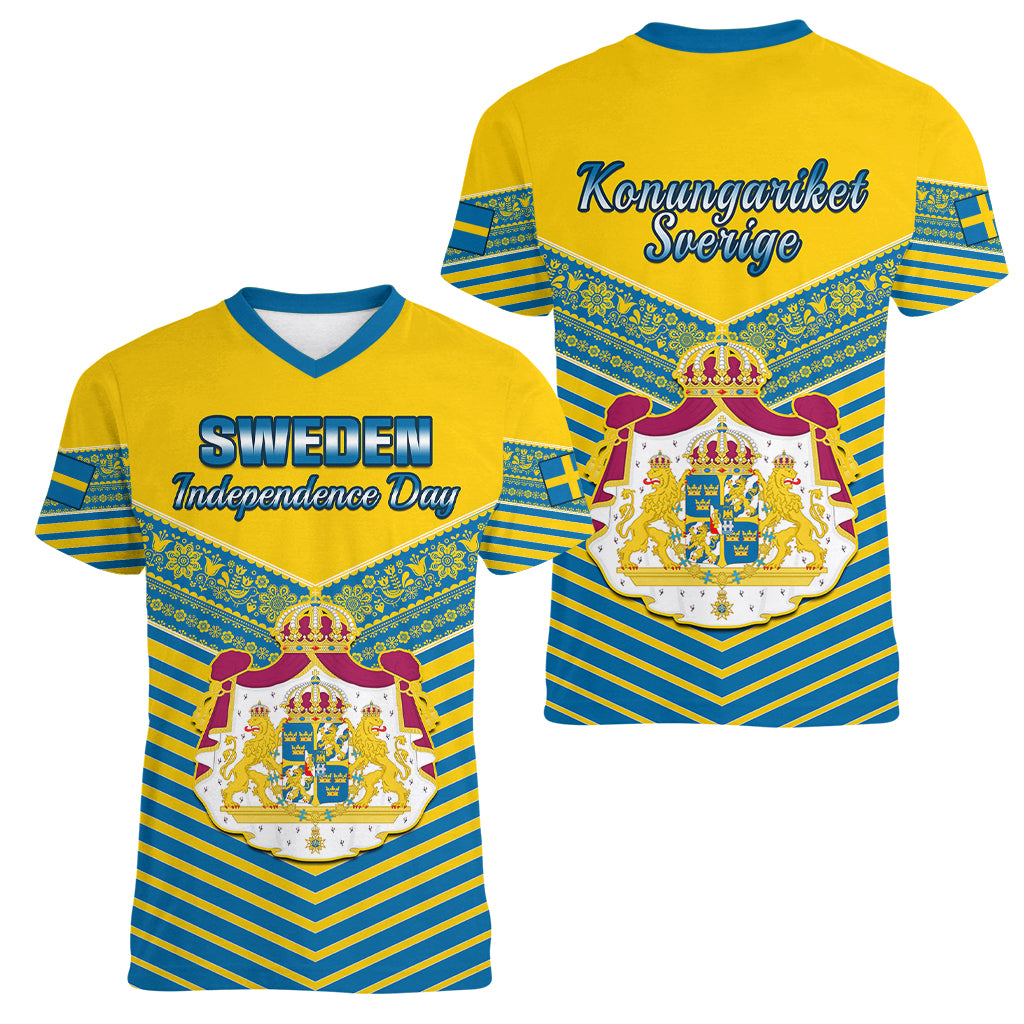Sweden Women V Neck T Shirt Swedish Independence Day Scandinavia Pattern - Wonder Print Shop