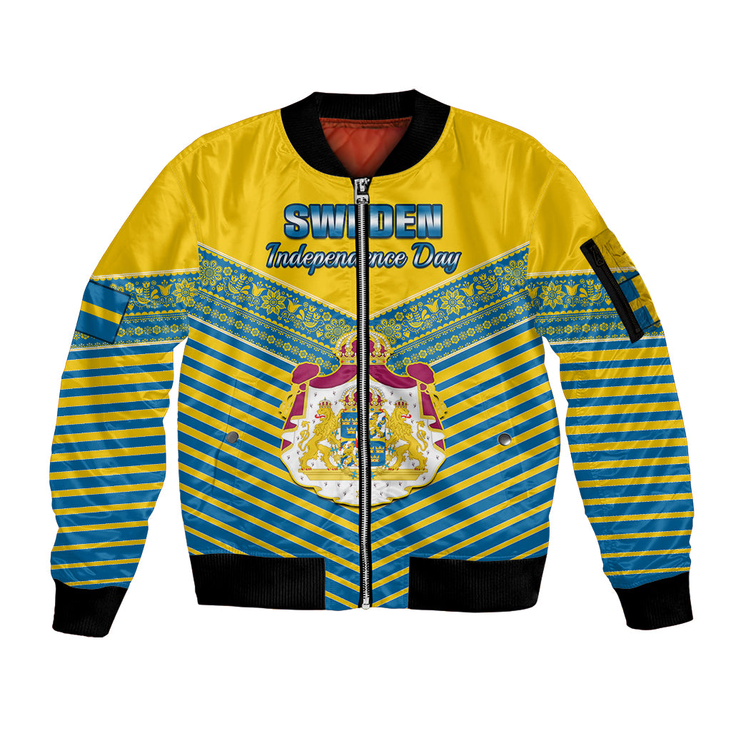 Personalised Sweden Sleeve Zip Bomber Jacket Swedish Independence Day Scandinavia Pattern - Wonder Print Shop