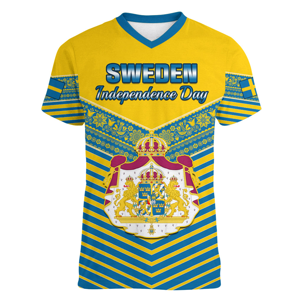 Personalised Sweden Women V Neck T Shirt Swedish Independence Day Scandinavia Pattern - Wonder Print Shop