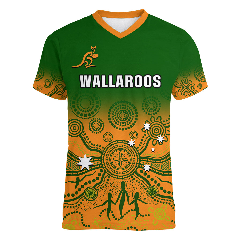 Personalised Australia Rugby Women V Neck T Shirt Go Wallaroos Pacific Indigenous Version 2023 - Wonder Print Shop