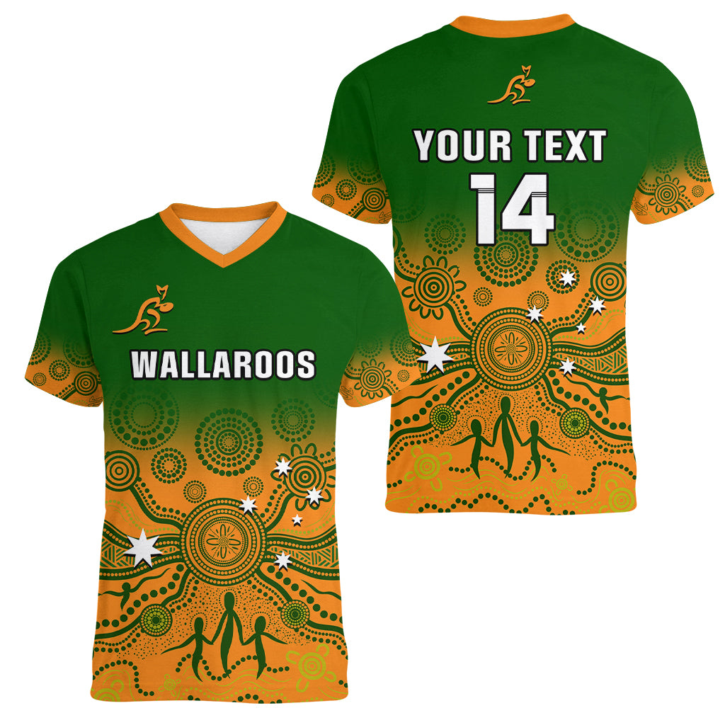 Personalised Australia Rugby Women V Neck T Shirt Go Wallaroos Pacific Indigenous Version 2023 - Wonder Print Shop