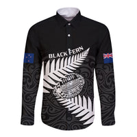Personalised Aotearoa Rugby Long Sleeve Button Shirt Go Black Fern Pacific NZ Maori 2023 - Wonder Print Shop