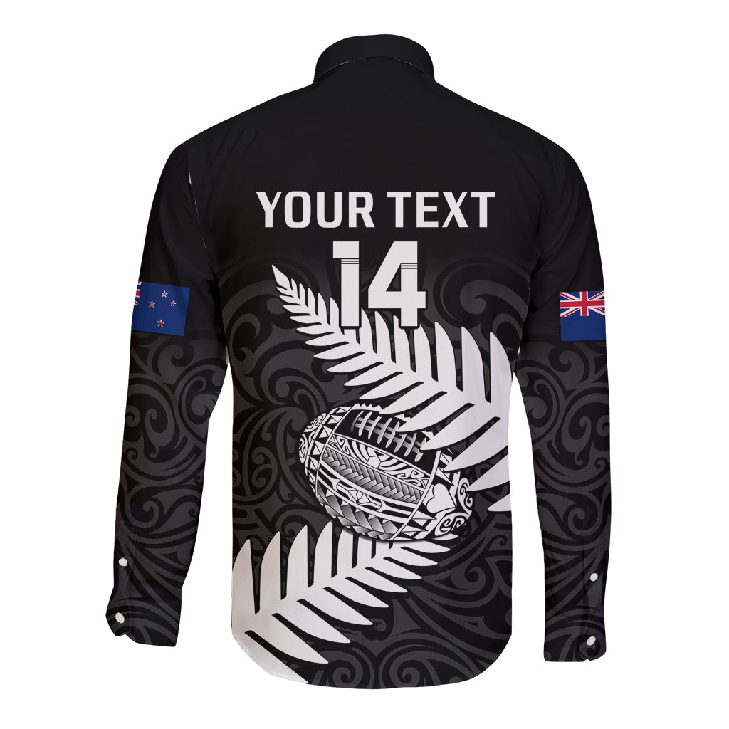 Personalised Aotearoa Rugby Long Sleeve Button Shirt Go Black Fern Pacific NZ Maori 2023 - Wonder Print Shop