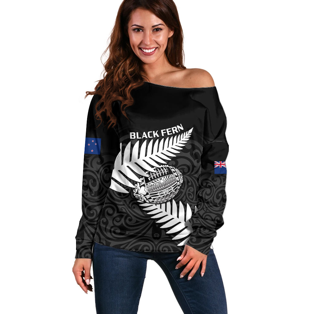 Personalised Aotearoa Rugby Off Shoulder Sweater Go Black Fern Pacific NZ Maori 2023 - Wonder Print Shop