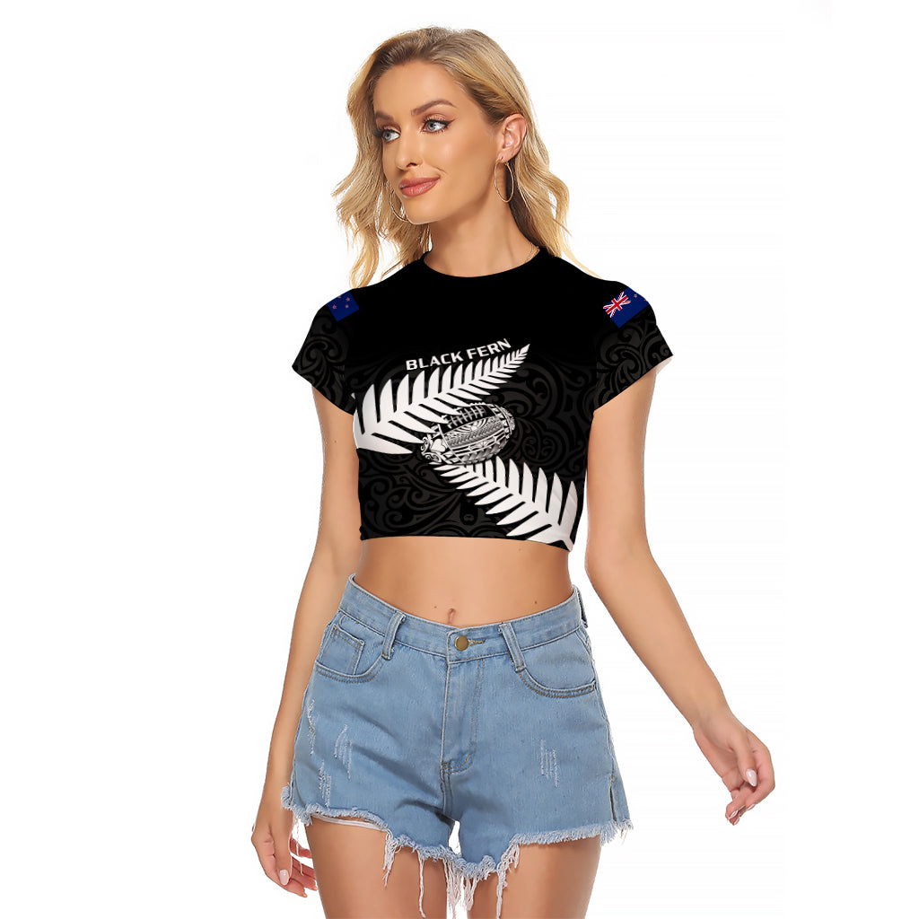 Personalised Aotearoa Rugby Raglan Cropped T Shirt Go Black Fern Pacific NZ Maori 2023 - Wonder Print Shop