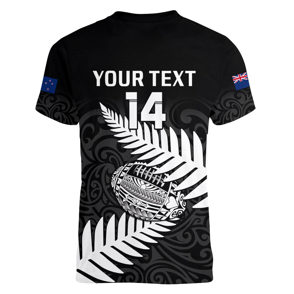 Personalised Aotearoa Rugby Women V Neck T Shirt Go Black Fern Pacific NZ Maori 2023 - Wonder Print Shop