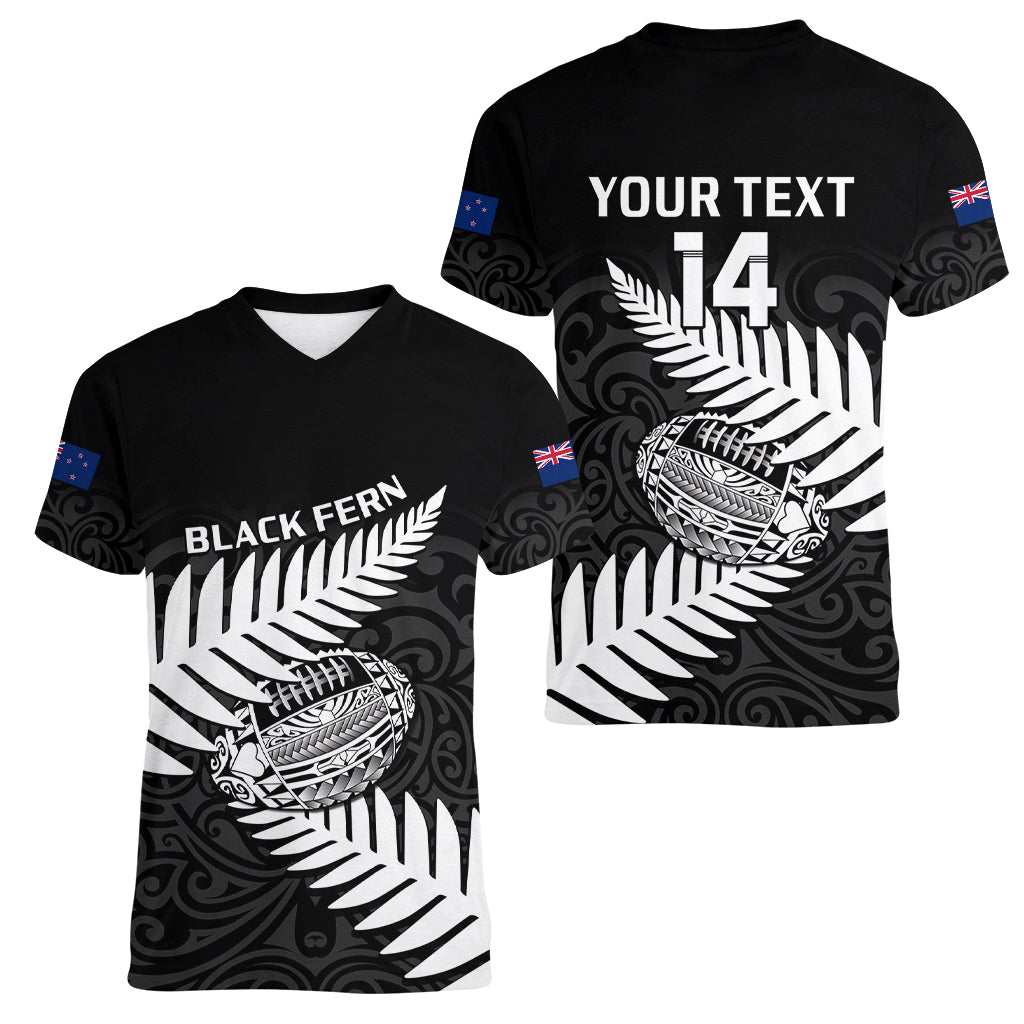 Personalised Aotearoa Rugby Women V Neck T Shirt Go Black Fern Pacific NZ Maori 2023 - Wonder Print Shop