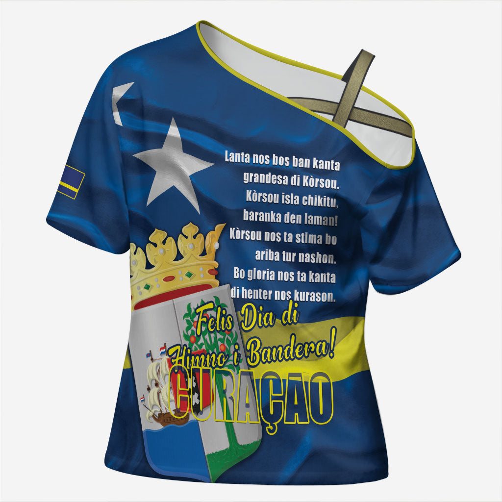 Personalized Curacao Flag Day Cross Shoulder Shirt Felis Dia di Himno i Bandera