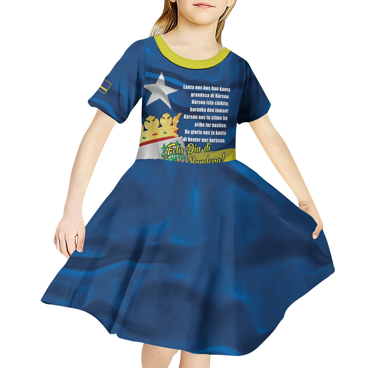 Personalized Curacao Flag Day Kid Short Sleeve Dress Felis Dia di Himno i Bandera