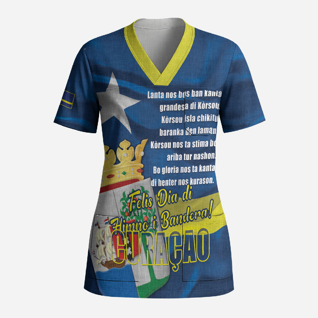 Personalized Curacao Flag Day Scrub Top Felis Dia di Himno i Bandera