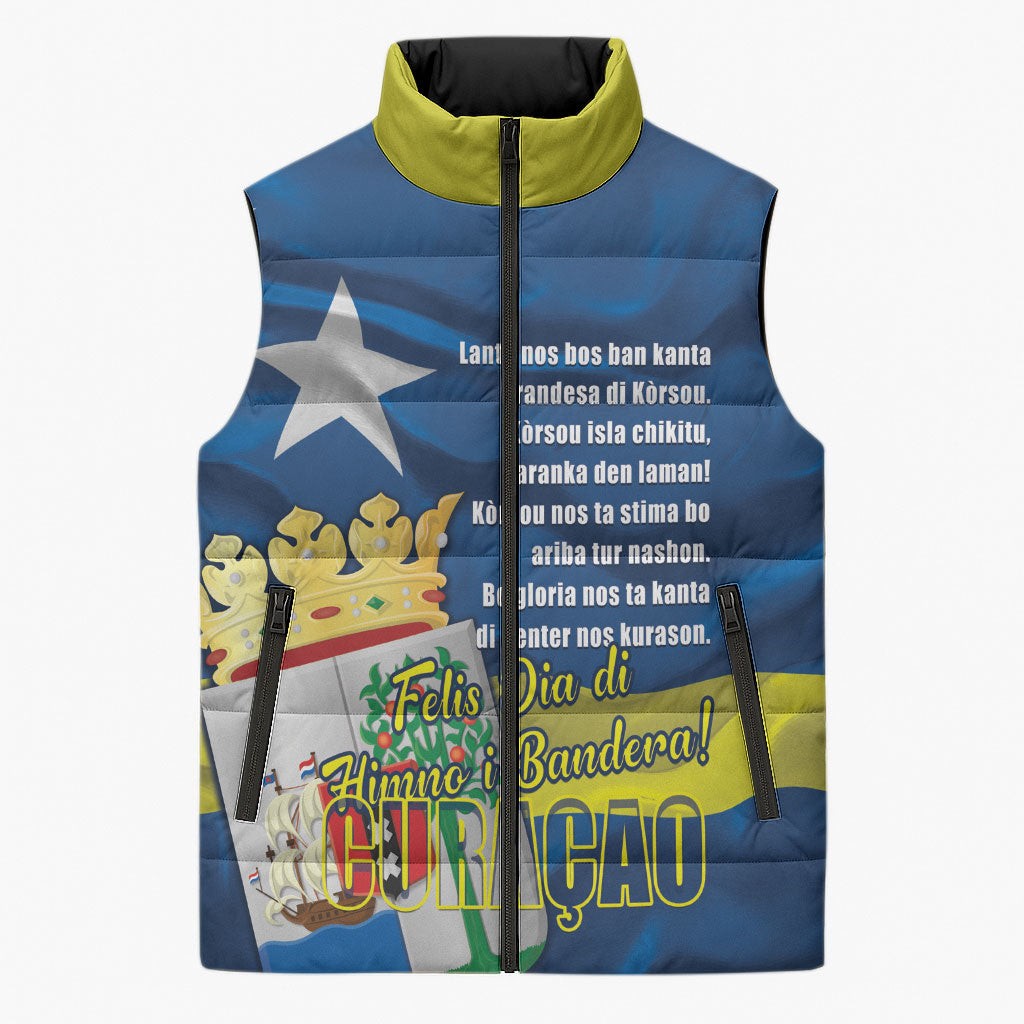 Personalized Curacao Flag Day Sleeveless Puffer Jacket Felis Dia di Himno i Bandera