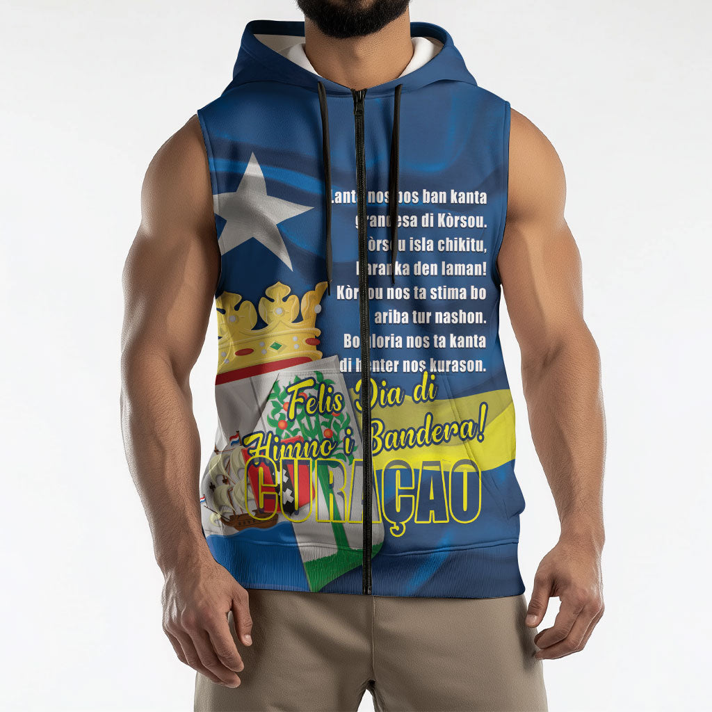 Personalized Curacao Flag Day Sleeveless Zip Hoodie Felis Dia di Himno i Bandera