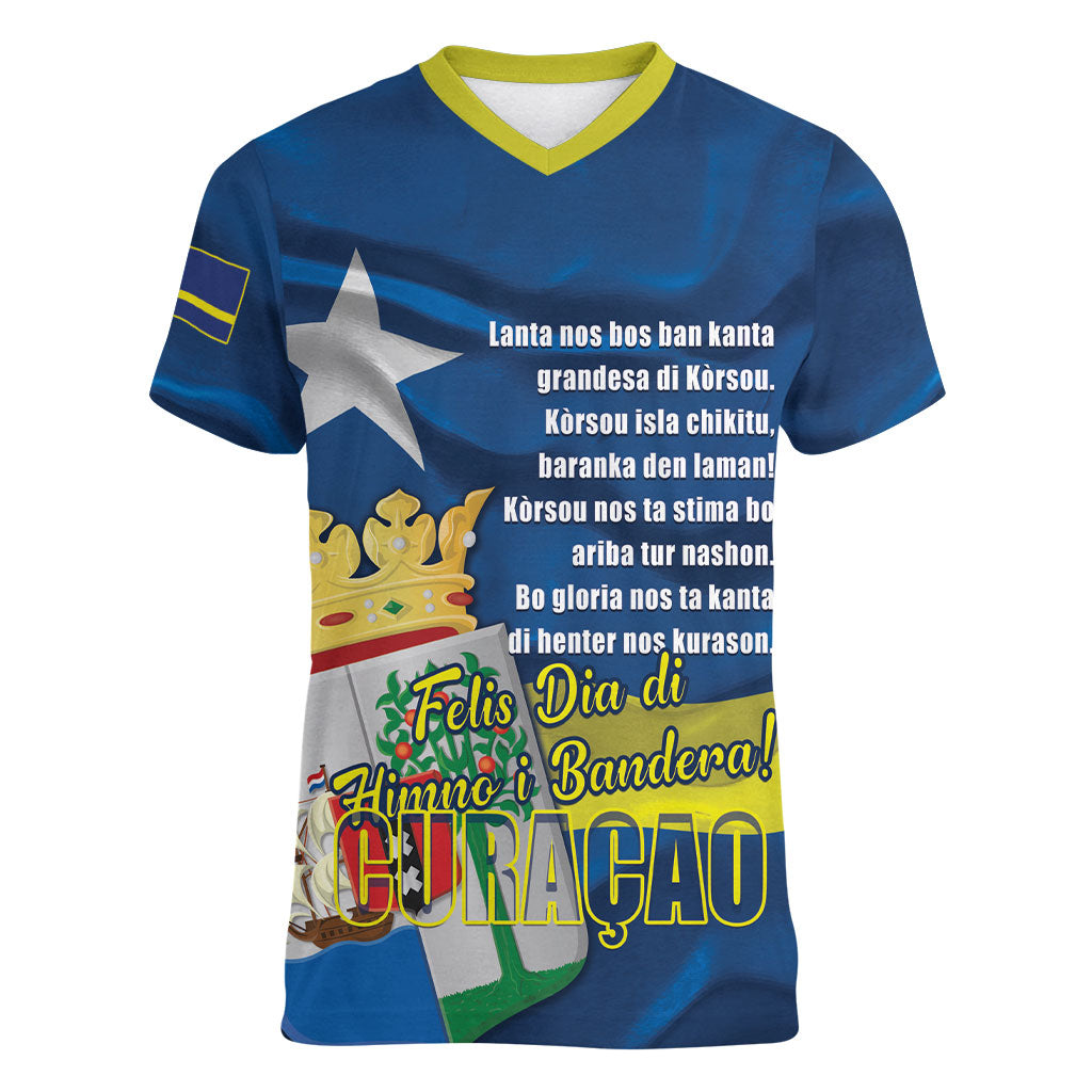 Personalized Curacao Flag Day Women V-Neck T-Shirt Felis Dia di Himno i Bandera